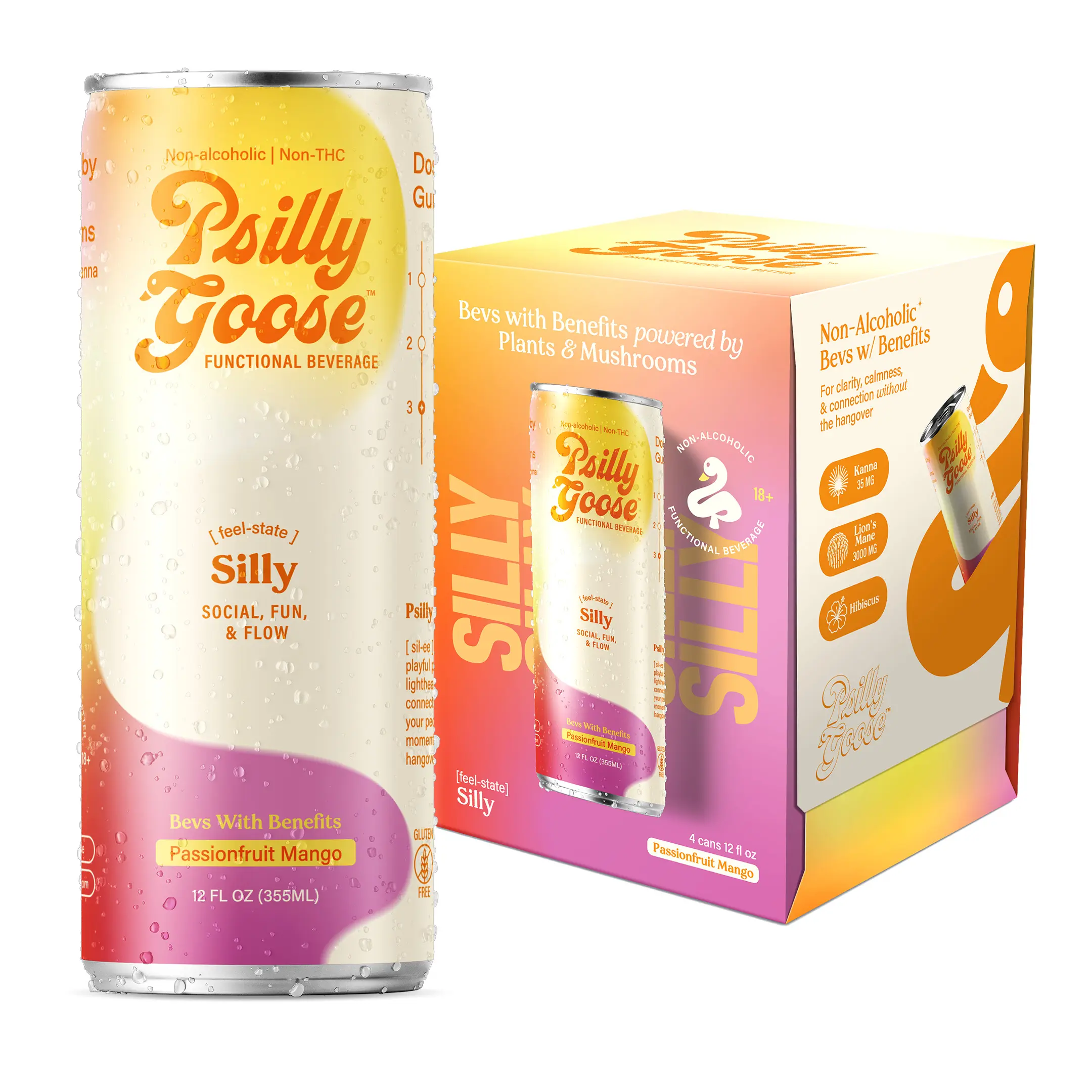 Psilly Goose 4-Pack, Infused, Non Alc Drink - Passionfruit Mango (Silly) Psilly Goose 4-Pack, Infused, Non Alc Drink - Passionfruit Mango (Silly)