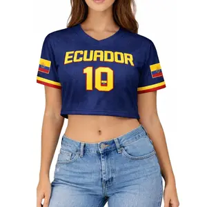 Ecuador Soccer Crop Top Jersey, Women Mesh Football Fan Shirt, V-Neck Shirt Soccer Jersey