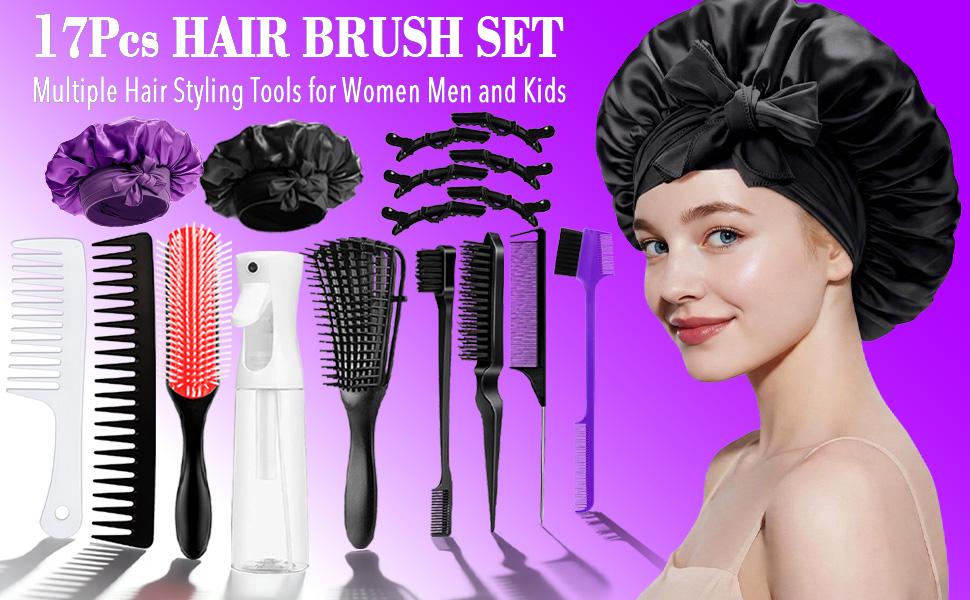 【Spring Glow-Up】17 Counts Hair Brush Set for Women Men Kids Detangler Brush Wide Tooth Comb Nylon Bristle 9-Row Brush Satin Bonnet Styling Tools Purple Love At First Find 【Spring Glow-Up】17 Counts Hair Brush Set for Women Men Kids Detangler Brush Wide Tooth Comb Nylon Bristle 9-Row Brush Satin Bonnet Styling Tools Purple Love At First Find