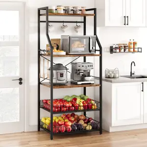 Compact 5-Tier Baker's Rack – Microwave Stand & Coffee Bar Station – 2 Large Baskets, 8 Hooks – Sturdy Metal Frame – Freestanding Storage Organizer for Small Kitchen, Apartment, Pantry – Black & Gray