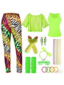Vintage 1980s Halloween Party Outfit Mesh T-Shirt Leggings Set for Yoga Fitness Dance