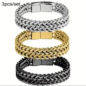 3pcs/Set Fashionable Stainless Steel Braided Cable Chain Bracelets, Hip Hop Style Polished Steel Jewelry Accessory, Secure Clasp, Ideal for Daily Wear & Friendship Gifting (Golden, Black, Yellow) for Teenagers