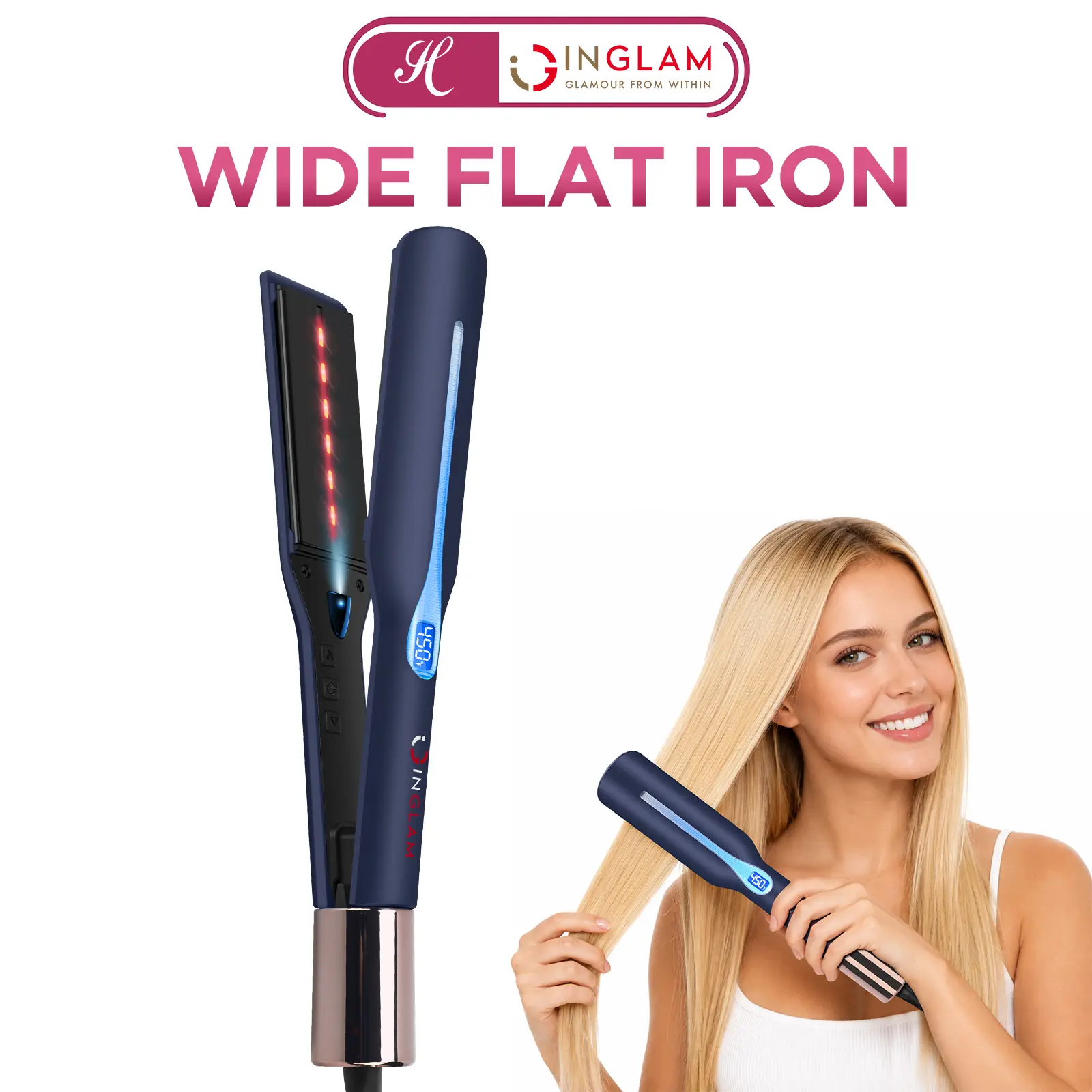 INGLAM 1.75 Inch Wide Flat Iron for Thick Hair, Professional Titanium Wide Plate Hair Straightener, Ceramic Silk Press Flat Iron for Long Coarse Hair, Fast Heating & Frizz-Free one pass flat iron