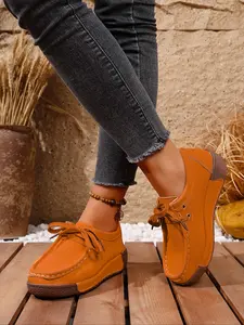 Women's Outdoor Lace-Up Lightweight Loafers, Large Size Comfortable Thick Sole, Round Toe Colorblock Non Slip Shoes, Casual Daily Commute Vacation Footwear