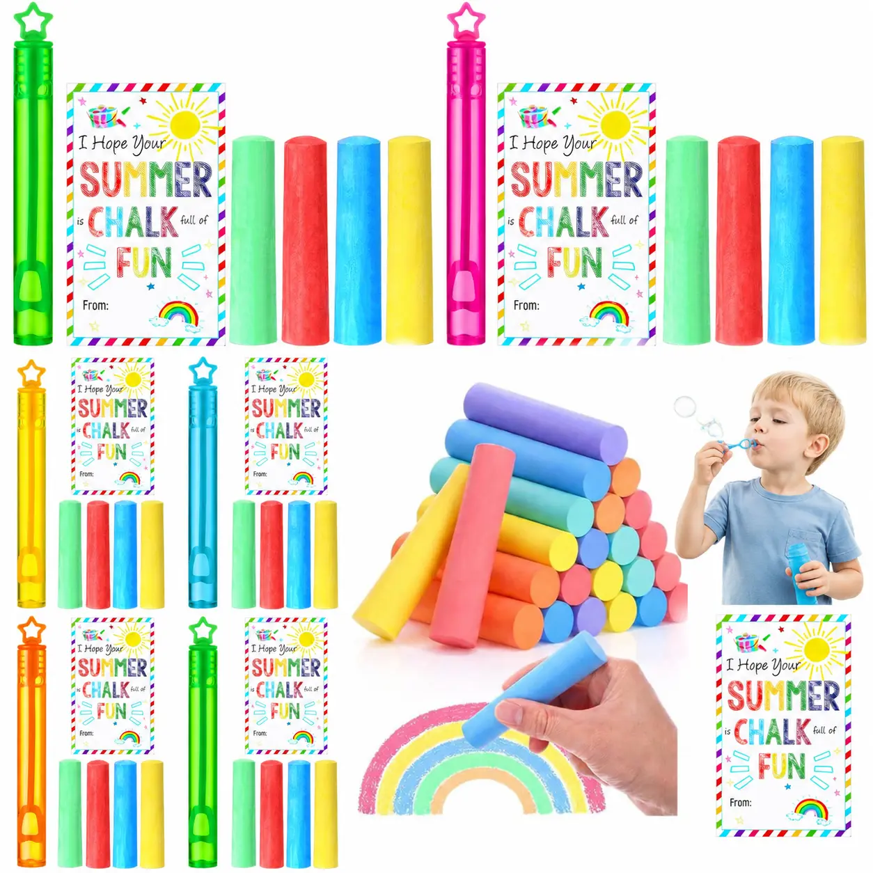 12/24 Sets Sidewalk Chalk and Bubble Bulk for Kids, Summer Party Favors Dustless Washable Large Outdoor Street Jumbo Chalk Greeting Card Mini Bubble Wands, Back to School Class Gifts Graduation Goodie Bag Stuffer Fillers for Kindergarten Preschoolers