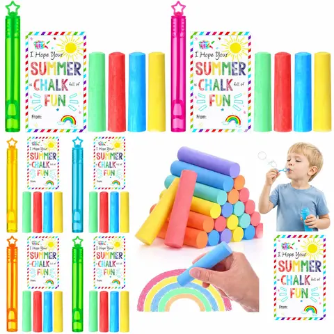 12/24 Sets Sidewalk Chalk and Bubble Bulk for Kids, Summer Party Favors Dustless Washable Large Outdoor Street Jumbo Chalk Greeting Card Mini Bubble Wands, Back to School Class Gifts Graduation Goodie Bag Stuffer Fillers for Kindergarten Preschoolers