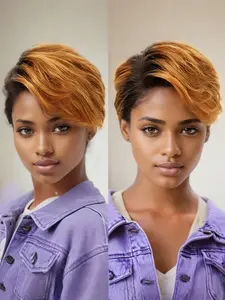 6 Inches Honey Blonde Short Cut Pixie Straight Bob Part Lace Wig, Human Hair Wigs for Women, Pre-Plucked, Casual Style