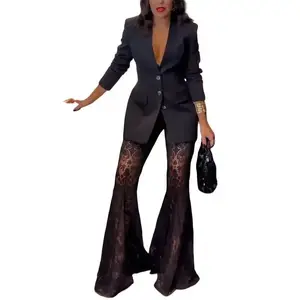 2026 Spring Fall Lace Two Piece Set Women Long Sleeve Loose Fit Suit Y2K Elegant Casual Daily Outfit Matching Set Comfortable Chic Dress Bohemian Bottom Fashion Womenswear High Neck Drop Shoulder Sweater Set