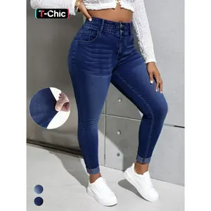 Plus Size Solid Color Skinny Stretch Jeans — Fashionable, casual high-waisted pencil stretch jeans for daily outdoor wear; women’s plus-size clothing suitable for all seasons