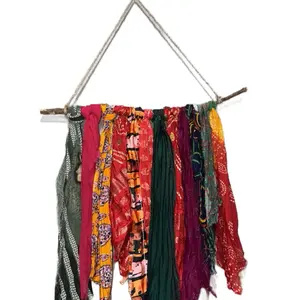 Upcycled Fabric Boho Macramé Wall Hanger - Colorful Textile Art Decor with Natural Rope Hanging Hangable