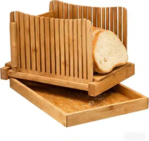 Adjustable Bamboo Bread Slicer for Homemade Bread, With Foldable Slicing Guide & Crumb Tray, Even Slicing for Sourdough Loaf, Sandwich Bread, Bagels & Cakes, Practical Kitchen Baking Gadget