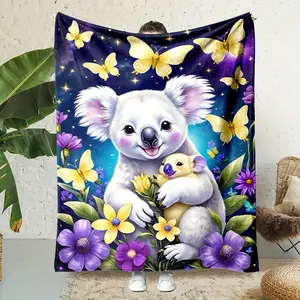 Koala Family and Butterfly Print Flannel Throw Blanket - Digital Printing Polyester, Soft Reversible All-Season Throw for Nap, Office, Home - Contemporary Cartoon Design, Non-Woven, Gentle & Durable