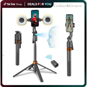 360-Rotatable Selfie Stick Tripod, Rechargeable Smart Face Tracking Tripod with 2 Fill Light, Auto Face