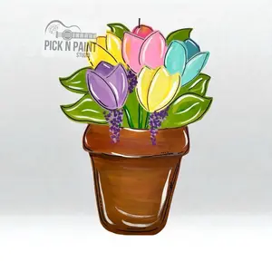 Pick N Paint Studio Tulip Flower Wooden Door Hanger Hand Painted Colorful Flowers in Pot Decor