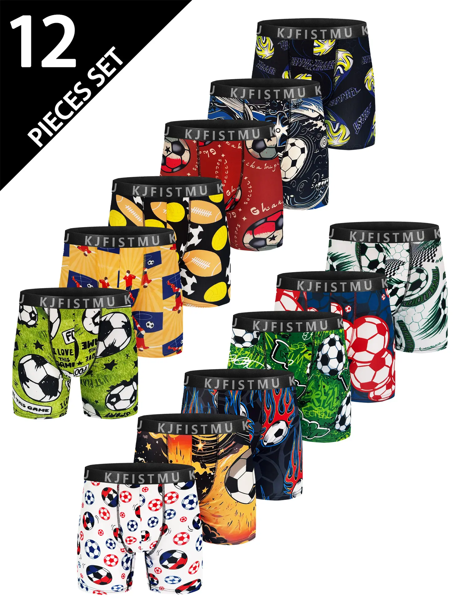 12 Pack Men's Soccer Boxer Briefs, Moisture-Wicking Breathable Underwear, Fun Football Print Stretch Boxers for Daily & Sports Menswear Fashion Soft luxury wardrobe staple Birthday Elastic