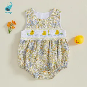 Baby Girl Duck Embroidery Romper Infant Sleeveless Round Neck Sweet Floral Jumpsuit
