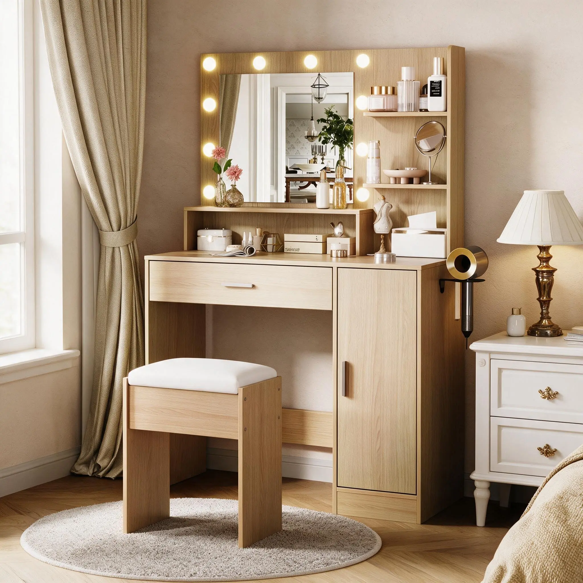 Modern Lighted Makeup Vanity Desk Set with HD LED Mirror,Cushioned Stool | Multi-Tier Storage Cabinets , Large Drawer, Built-in Charging Station with AC/USB/Type-C Ports, Bedroom Dressing Table