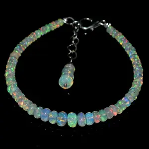 Opal Bracelet Natural Ethiopian White Opal Gemstone Fire Beads 7.5" Bracelet with Elegant Chain Clasp