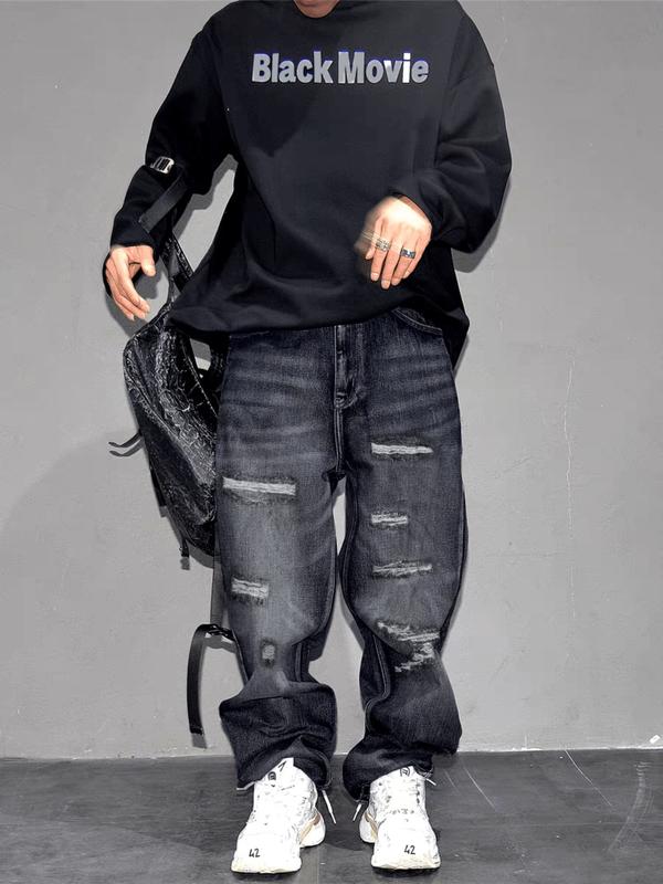 Men's High Street Style Ripped Wide Leg Jeans, Trendy Loose Fit Straight Pants, Casual Fashion for All Seasons