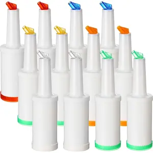 12 Pack Bar Pour Colorful Juice Pouring Bottle Containers 34 oz Plastic Juice Dispensers in 6 Colors for Bar  Kitchen Party Supplies