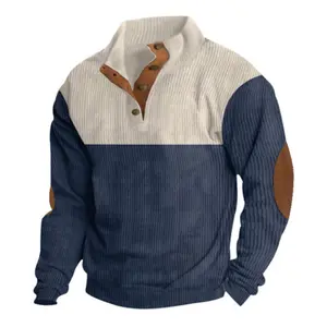 Men's Spring And Autumn Versatile Fashion Trendy Base Shirt, Men's Loose Casual Long Sleeve Top, Outdoor Sports Button Stand Collar Corduroy Color Block Sports Shirt, Men's Everyday Pullover Shirt