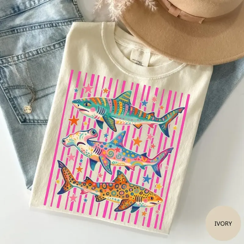 Comfort Colors Shark Shirt Aesthetic Tropical Ocean Graphic Tee Bright Marine Life Coastal TShirt Summer Beach Shark Week Lover T-Shirt