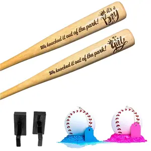 Baseball Gender Reveal Kit with Engraved Bat, 2 Powder Baseballs, & Wall Mount Display Hangers
