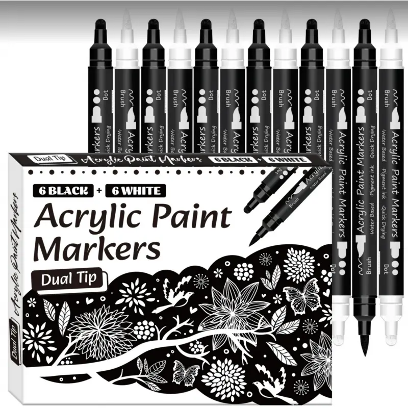 Black White Acrylic Paint Pen, Acrylic Marker Pens, Art Markers Pen, Paint Pens Set, 12 Pcs Brush and Fine Dotl Tip Permanent Black White Paint Markers for Coloring, Paper, Rock Painting, Wood Sign, Metal, Plastic, Ceramic Drawing