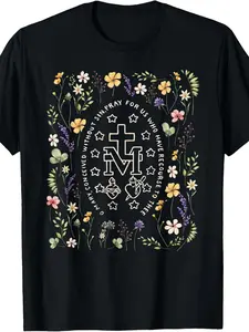 Miraculous Medal Floral Marian Catholic Mary Christian T-Shirt |   Same Style for Men And Women,  Summer, Short-Sleeved, Printed, Pure, 220G, Crew Neck, All-Season, Vintage Style, Regular Fit