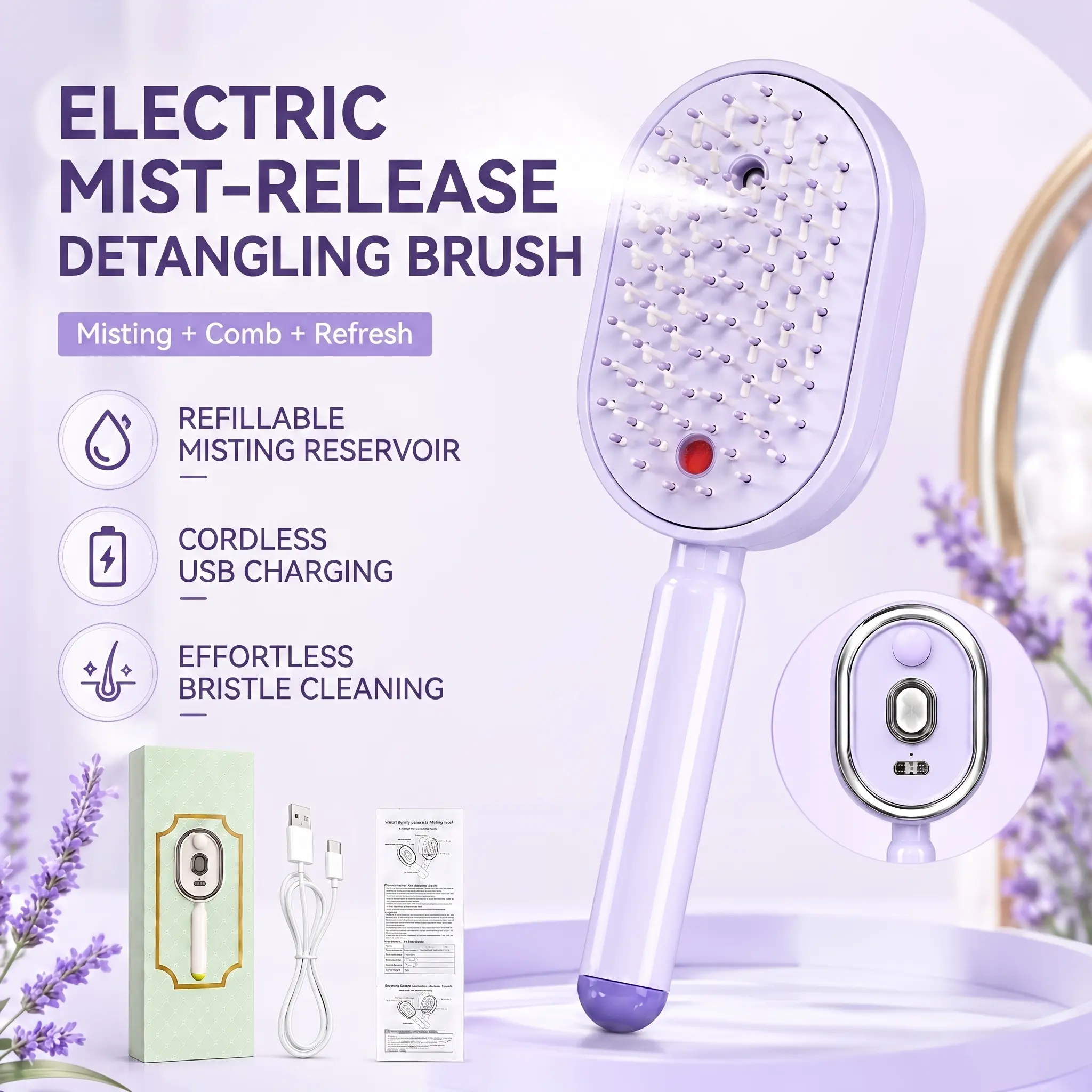TAZTIR 3-In-1 Electric Spray Hair Massage Brush, Portable Refillable Mist Self-Cleaning Light Detangling Massage Comb, Rechargeable Steam Massage Detangling Brush Scalp Massager for Deep Head Air Cushion Brush for Hair Care Home & Travel