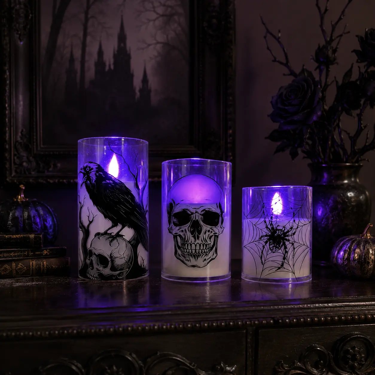 Gothic Spooky 3-Piece Halloween LED Flameless Candle Set - Purple, Battery-Powered, with Raven Skull Spiderweb Designs, for Indoor Table Mantel Decorations