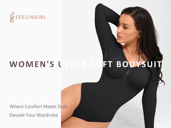 FeelinGirl Womenswear Seamless Long Sleeve Thong Bodysuit for Tummy Control V Neck Going Out Fabric Comfortable Deals For You Days