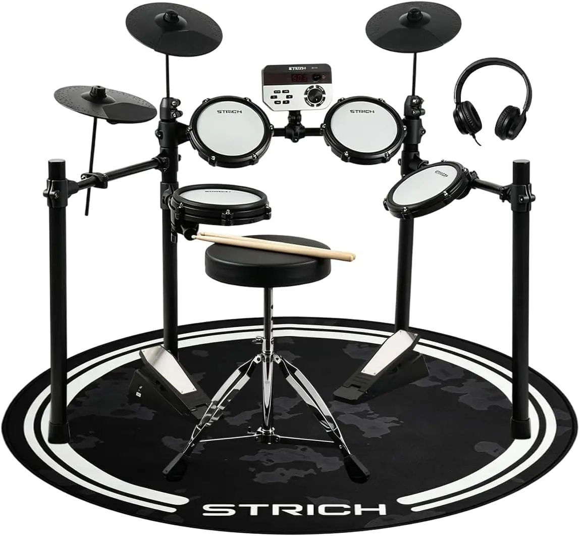 Electric Drum Set, Foldable Electric Drum Kit with 8" Dual-Zone Mesh Snare, USB MIDI, Drumsticks, Drum Throne, Headphones & Drum Mat for Beginners and Home Practic, SED-T02