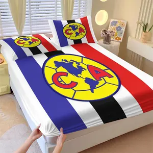 Club América Striped Team Logo Fitted Sheet Set with 2 Coreless Pillowcases, Soft Anti-Wrinkle Washable, Blue, White, Red, Black Vertical Stripes with a Round Badge, Football Fan, Teens Room Decor, Decorative Bedsheet Sets