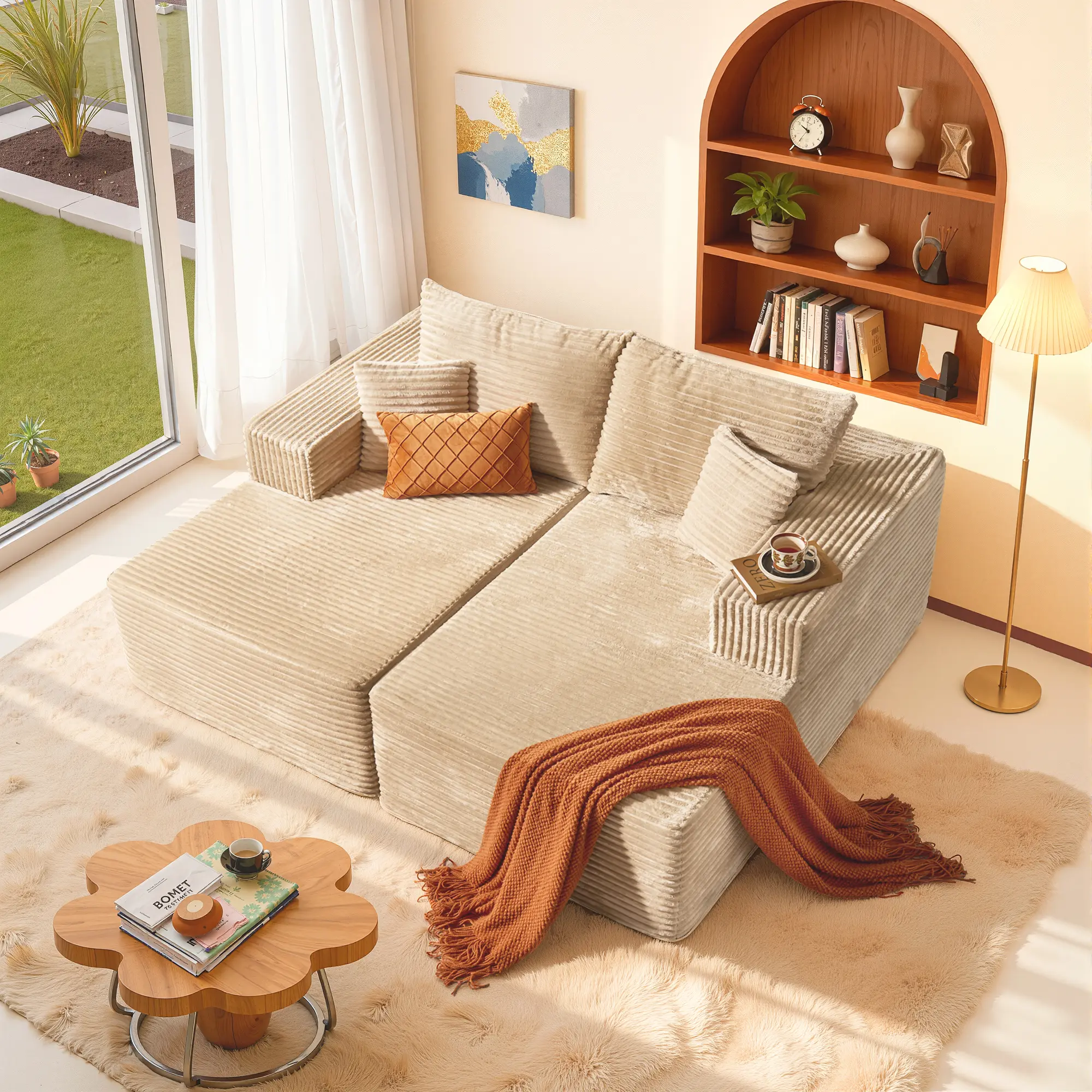 Double Chaise| Beige Plush Corduroy