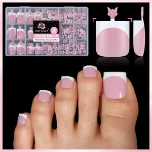 UNA GELLA 180PCS Pre-Designed French Tip Soft Gel Press On Toe Nail Tips 15 Sizes, Pre-Etched Full Cover Sharp & Soft Square X Soft Pink Fake Toenail Extensions, DIY Salon Pedicure TikTok Nail Supplies summeressentials