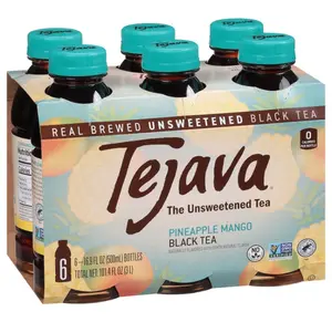 Tejava Pineapple Mango Black Iced Tea, 6 Pack, 16.9oz PET Bottles, Unsweetened, Non-GMO, Kosher, No Sugar or Sweeteners, No calories, No Preservatives, Brewed in Small Batches