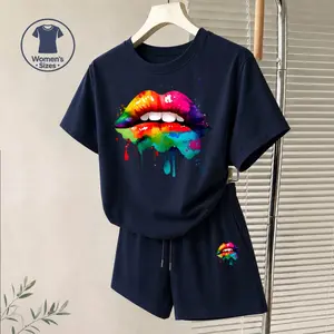 Women's Splattered Ink Multicolored Lip Graphic Short Sleeve T-Shirt And Shorts Set, Casual Summer Two-Piece Outfit With Crew Neck Top And Drawstring Waist Shorts For Daily Wear