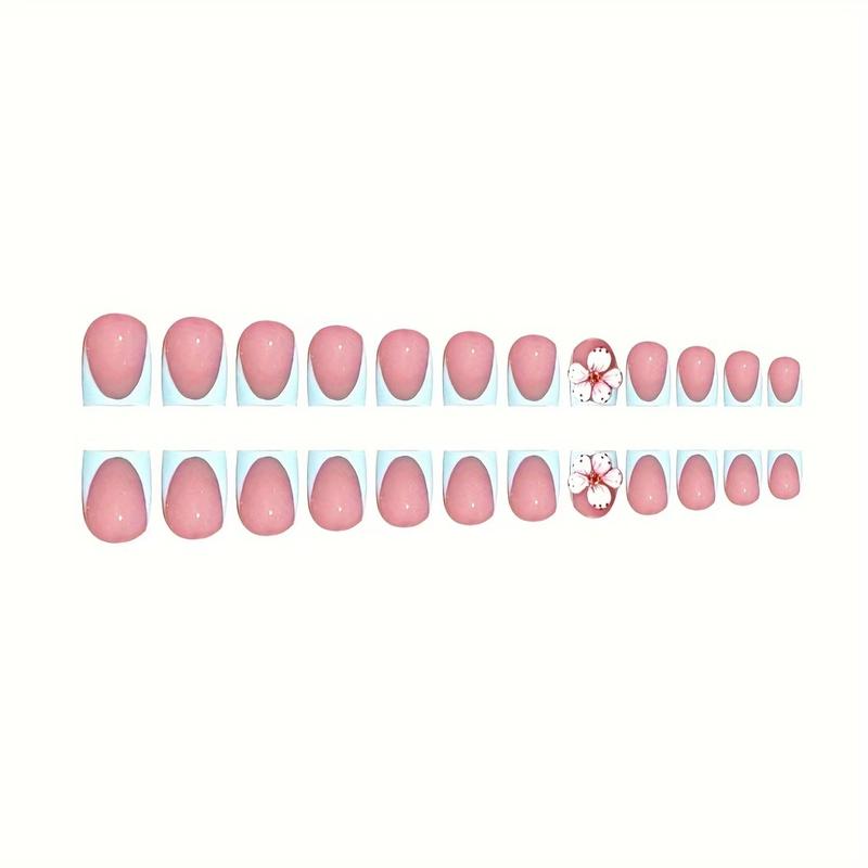 Sweet Floral Short Square Fake Nails Set, Light Glossy Design, Removable Daily Wear for Girls & Women, 24 Pieces