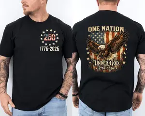 One Nation Under GOD 250 Years American Flag 250th Anniversary USA 2 Sided Tee, Short Sleeve Printed Graphic Shirt, Daily Casual Cotton Menswear