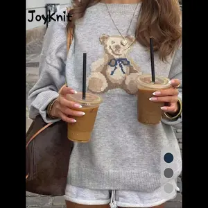 Women's Fashion New Autumn Winter Sweater Knit Top Casual Simple Versatile Colorblock Cute Bear Jacquard Pattern Loose Round Neck Pullover