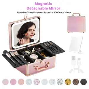 Qislee Portable Makeup Bag with A Detachable Lighted Mirror, Waterproof Travel Makeup Case with Adjustable Dividers, Cosmetic Organizer and Makeup Box with Magnetic LED Mirror Black