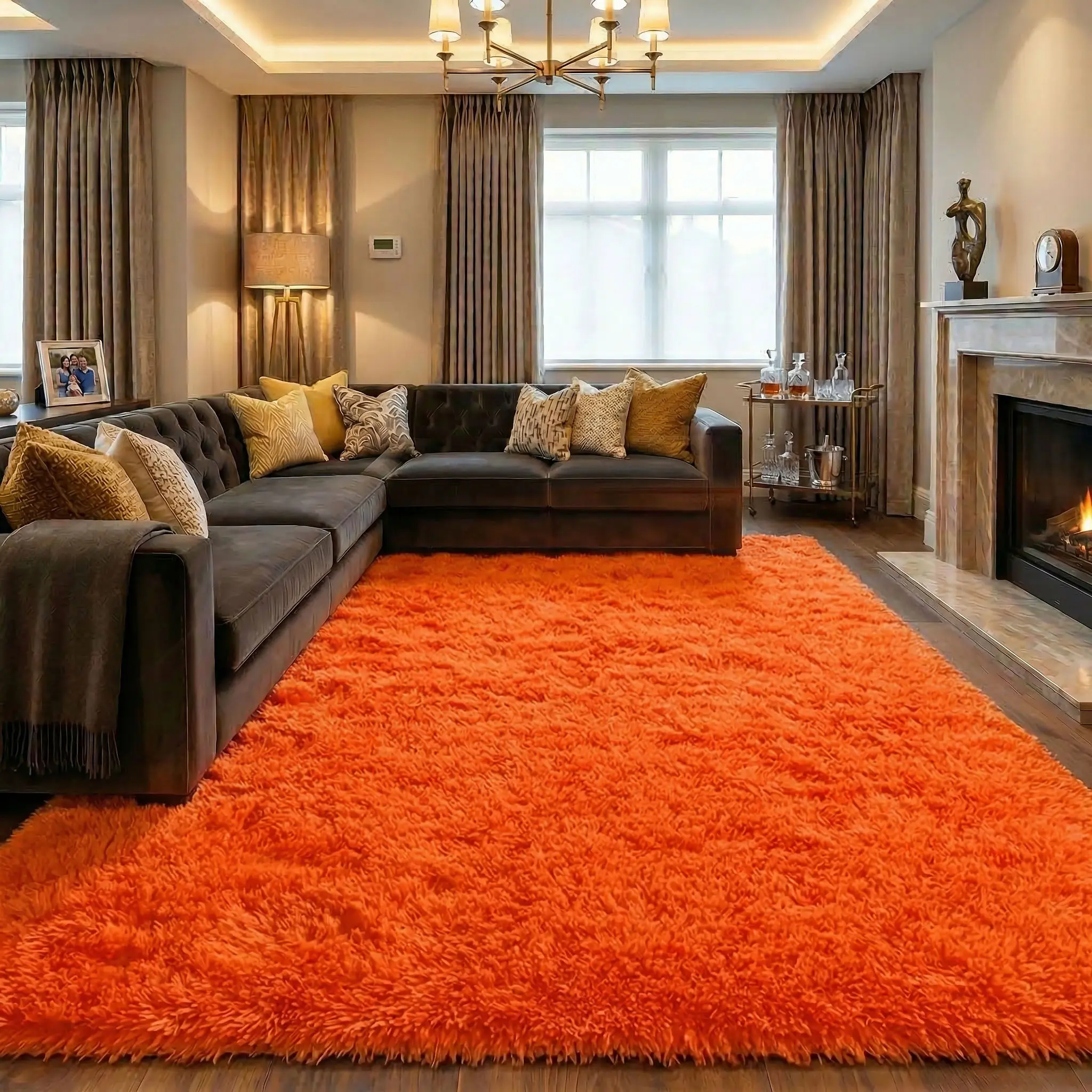 Orange Fluffy Plush Modern-Style Non-Slip Soft Large Indoor Carpet - Rugs for Living Room, Living Room Rugs, Ideal for Bedroom, Farmhouse Home Decoration