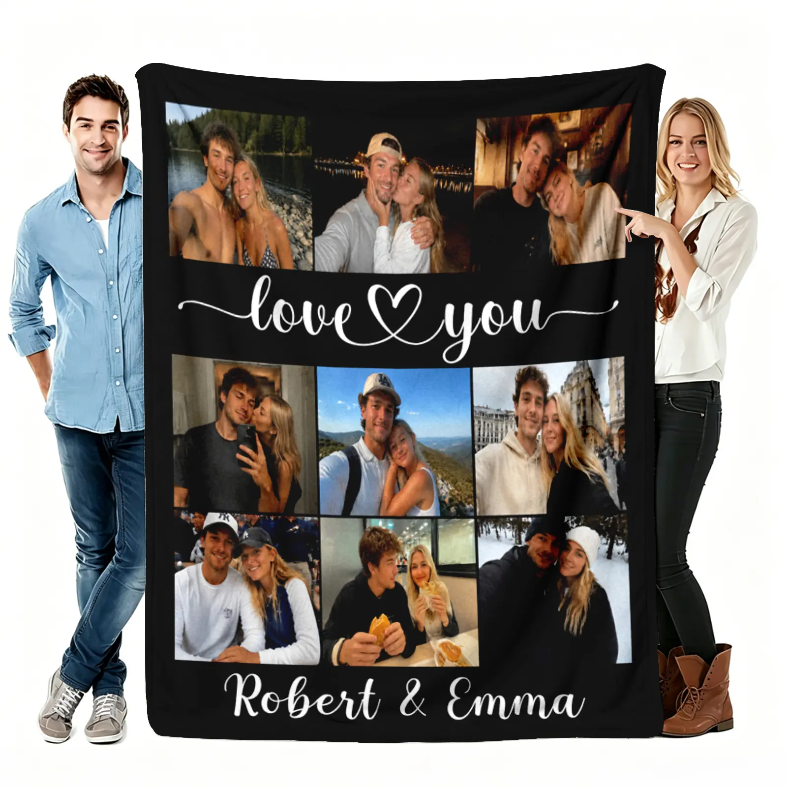 Personalized Photo Blanket - Customized Flannel Fabric Throw with Name, Date Design, Smooth Texture, Soft, Cozy, Warm, Breathable, Wrinkle-Resistant, Multi-Size, Valentine's Day Romantic Love Gift for Partner, Home Decor, Personalized Photo Blankets