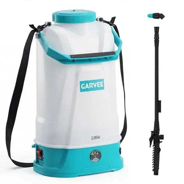 2.38 Gallon Battery Powered Sprayer with Adjustable Shoulder Strap, 0-60 PSI Adjustable Pressure, Electric Sprayer with 1 Nozzles and 1 Wands, 12V 2Ah Battery, Wide Mouth Lid for Weeding, Spraying