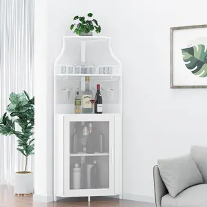 【GARVEE】Industrial Corner Wine Cabinet, Removable Rack & Glass Holder - White 【GARVEE】Industrial Corner Wine Cabinet, Removable Rack & Glass Holder - White