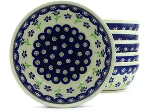 Polish Pottery Set of 6 Bowls 7" Bright Peacock Daisy