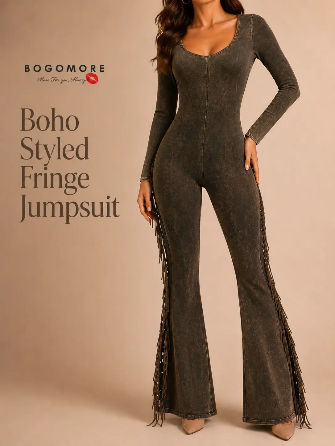 Women's Mineral Washed Fringed Jumpsuit - Long Sleeve Cotton Overall Garment Womenswear Overall Jumpsuits Romper Jumpsuit