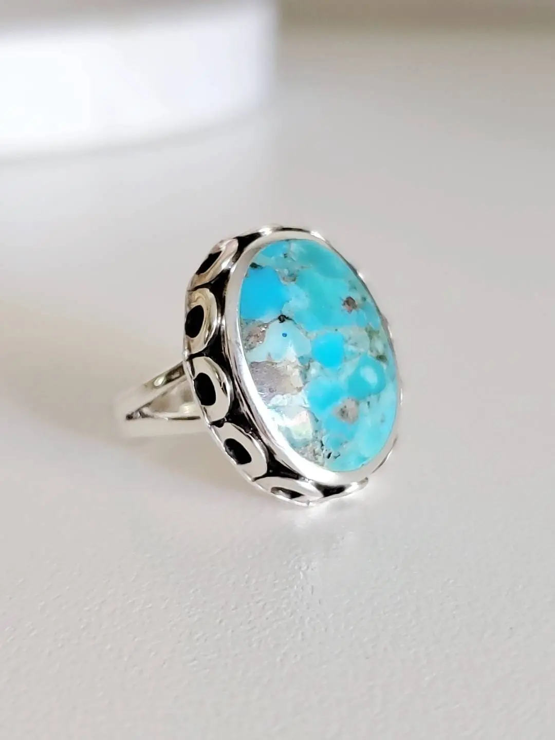 Sterling Silver Natural Turquoise Statement Ring, Large Ring for Women, Bohemian Ring Bali Style Handcrafted Handmade