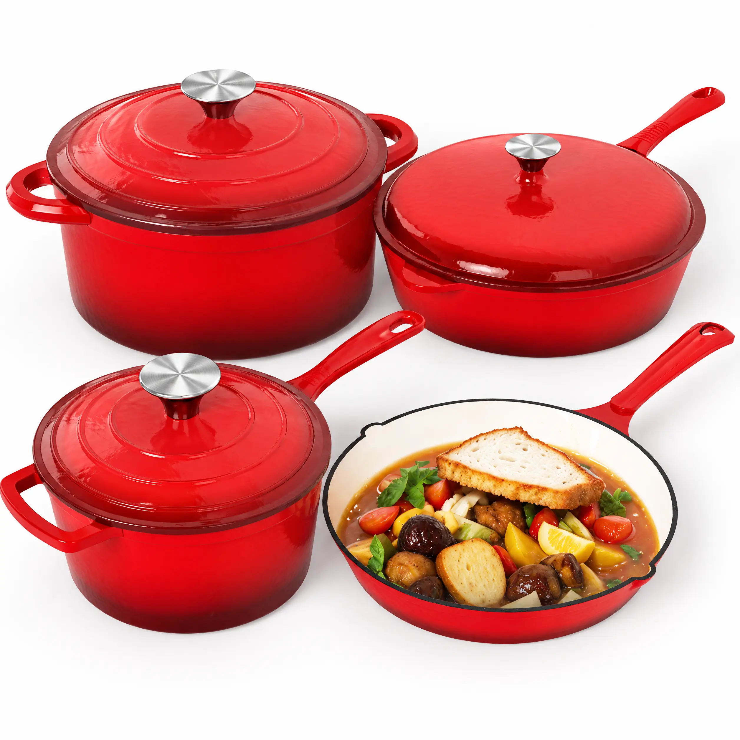 [Live] Kitchen Academy Enamel Cast Iron 7 Piece Cookware Set, Dutch Oven Pot with Lid, Red Non Stick Pots and Pans set, Oven Safe up to 500°F Cooking